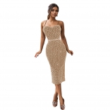 Beige Straps Low Cut Diamonds Bodycon Elegant Midi Dress