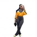 Yellow Zipper Two Pieces Printed Women Patchwork Slim-Fit Pencil Pants