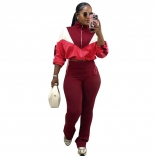 Red Zipper Two Pieces Printed Women Patchwork Slim-Fit Pencil Pants