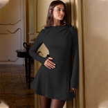 Black Long Sleeve O Neck Bodycon Women A-Line Casual Skirt Dress