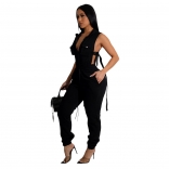 Black Deep Neck Lace Up Hollow Out Sexy Party Women Jumpsuit Rompers