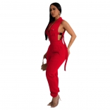 Red Deep Neck Lace Up Hollow Out Sexy Party Women Jumpsuit Rompers