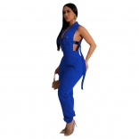 Blue Deep Neck Lace Up Hollow Out Sexy Party Women Jumpsuit Rompers