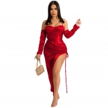 Red Straps Boat Neck Pleated High Slit Midi Sleeve Drawstring Party Midi Dress