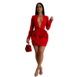 Red Deep V Neck Long Sleeve 3D Flowers Pleated Sexy Party Mini Dress
