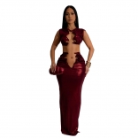 Red Sleeveless Hollow Out Crop Tops Pleated Gilding Maxi Club Dress