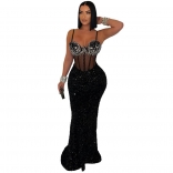 Black Low Cut V Neck Diamonds Bra Velvet Bodycon Sequins Evening Prom Long Dress