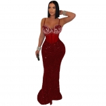 Red Low Cut V Neck Diamonds Bra Velvet Bodycon Sequins Evening Prom Long Dress