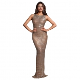Beige Sleeveless Diamonds Elegant Evening Party Maxi Dress