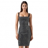 Black Sleeveless Luxury Diamonds Sexy Women Party Outfits Mini Dress
