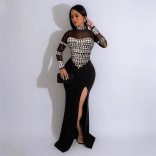 Black Mesh Long Sleeve Diamonds Elegant High Split Bodycon Evening Formal Dress