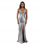 Silver Straps Deep V Neck Rhinestones Elegant Women High Split Formal Long Dress