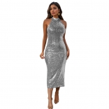 Silver Halter Neck Sequins Bodycon Fashion Women Sexy Midi Dress