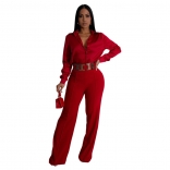 Red Women Fashion Zipper Wide Leg Decorative Button Fashion Pants