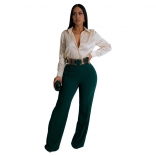 Green Women Fashion Zipper Wide Leg Decorative Button Fashion Pants