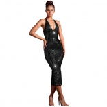 Black Halter Deep V Neck Rhinestones Slim Fit Bodycon Women Midi Dress