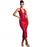 Red Halter Deep V Neck Rhinestones Slim Fit Bodycon Women Midi Dress