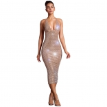 Beige Halter Deep V Neck Rhinestones Slim Fit Bodycon Women Midi Dress