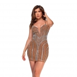 Brown Straps V Neck Diamonds Bodycon Sexy Club Evening Mini Dress