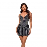 Black Straps V Neck Diamonds Bodycon Sexy Club Evening Mini Dress