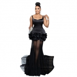 Black Straps Low Cut 3D Flowers Mesh Sexy Women Evening Party Maxi Dress