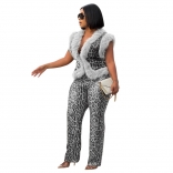 Gray Leopard Sweaters Sleeveless Top Sequins Bodycon Two Pieces Pant Sets