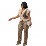 Khaki Leopard Sweaters Sleeveless Top Sequins Bodycon Two Pieces Pant Sets