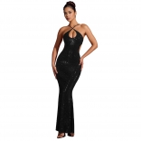 Black Halter V Neck Diamonds Bodycon Evening Party Maxi Prom Dress