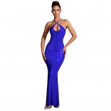 Blue Halter V Neck Diamonds Bodycon Evening Party Maxi Prom Dress