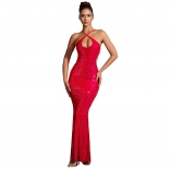 Red Halter V Neck Diamonds Bodycon Evening Party Maxi Prom Dress