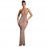 Beige Halter V Neck Diamonds Bodycon Evening Party Maxi Prom Dress