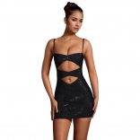 Black Off Shoulder Strapless Diamonds Bodycon Hollow Out Sexy Party Clubwear
