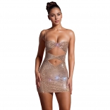 Beige Off Shoulder Strapless Diamonds Bodycon Hollow Out Sexy Party Clubwear