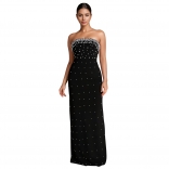 Black Pearls Off the Shoulder Women Diamonds Evening Prom Gowns Slim Fit Formal Maxi Dress