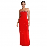 Red Pearls Off the Shoulder Women Diamonds Evening Prom Gowns Slim Fit Formal Maxi Dress