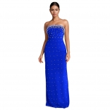 Blue Pearls Off the Shoulder Women Diamonds Evening Prom Gowns Slim Fit Formal Maxi Dress