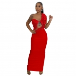 Red Off Shoulder Pleated Hollow Out Sexy Women Club Dress