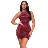 Red Rhinestones Sleeveless Sequins Mesh See Through Bodycon Sexy Evening Party Dance Mini Dress
