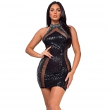Black Rhinestones Sleeveless Sequins Mesh See Through Bodycon Sexy Evening Party Dance Mini Dress