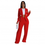 Black Two Pieces Long Sleeve Coat Solid Casual Office Lady Pant Sets