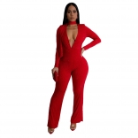 Red Long Sleeve Deep V Neck Rhinestones Bodycon Fashion Jumpsuit
