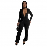 Black Long Sleeve Deep V Neck Rhinestones Bodycon Fashion Jumpsuit