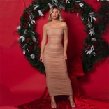 Khaki Mesh Long Sleeve See Through Bodycon Evening Casual Midi Dress
