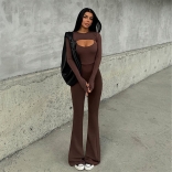 Brown Long Sleeve Shoulder Crop Top Low Cut Halter Sexy Bodycon Jumpsuit Dress Sets