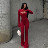 Red Long Sleeve Shoulder Crop Top Low Cut Halter Sexy Bodycon Jumpsuit Dress Sets