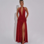 Red Halter Backless Deep V Neck Silk Sexy Bodycon Evening Party Long Dress