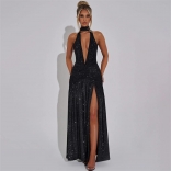 Black Halter Backless Deep V Neck Silk Sexy Bodycon Evening Party Long Dress
