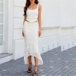 Beige Sleeveless Lace Crop Top Two Pieces Elegant Prom Long Dress Sets