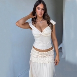 Beige Low Cut Sexy Crop Top Two Pieces Pleated Ruffles Long Skirt Dress