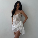 White Off Shoulder Lace Hollow Out Sexy Party Mini Dress